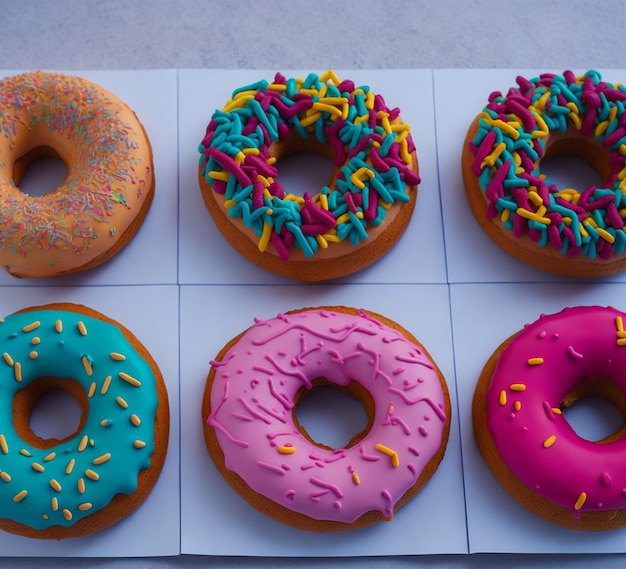 Four donuts are on a white plate with colorful sprinkles.