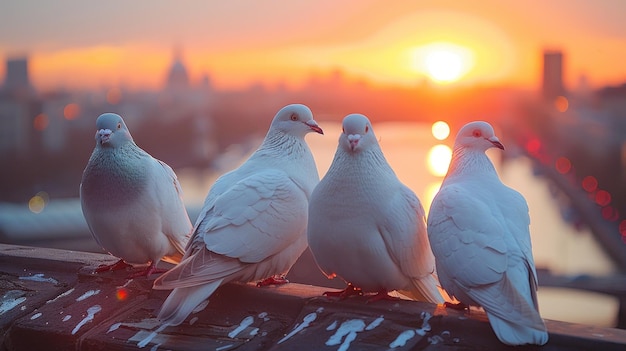 Photo four doves at sunset