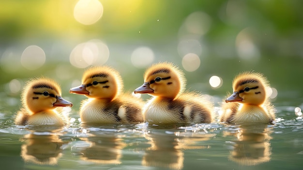 Photo four ducklings swimming in a pond on a sunny day