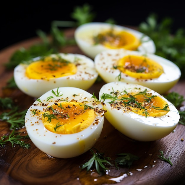 Photo four eggs of hard boiled egg are on a wooden plate