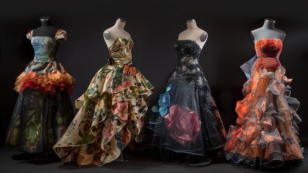 Photo four elegant evening gowns on mannequins each featuring a different floral design