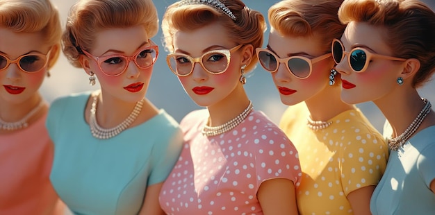 Four Fashionable Women in Retro Sunglasses and Dresses