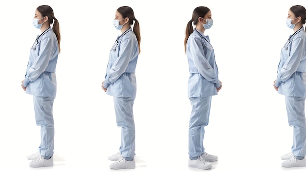 Four female medical professionals stand in a row wearing blue scrubs and face masks