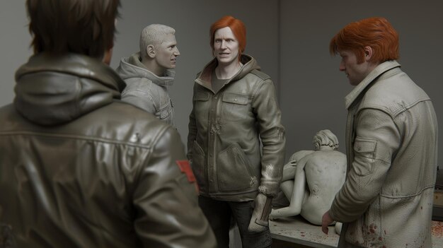 Photo four figures in a room with a clay sculpture