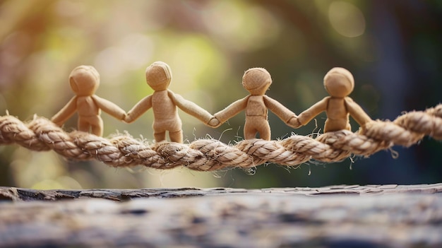 Photo four figurines are holding hands while balancing on a rope outdoors