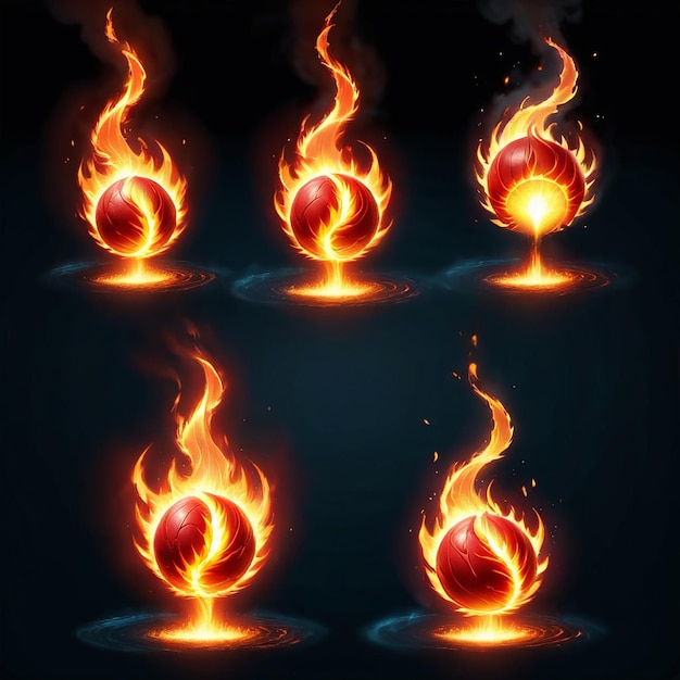 four fireballs with flames like fire and the word fire