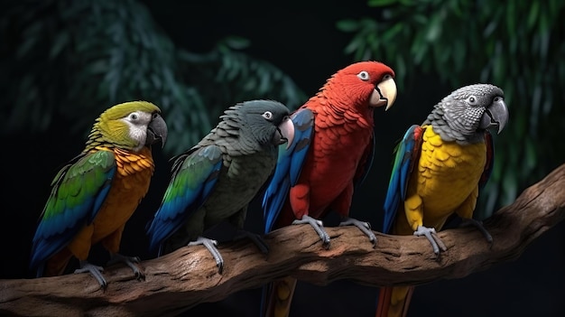 Photo four forpus different color parrot bird ai generative ai generative