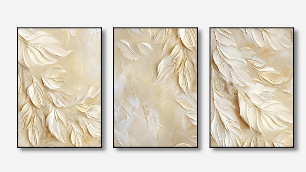 four framed paintings of leaves and flowers are shown