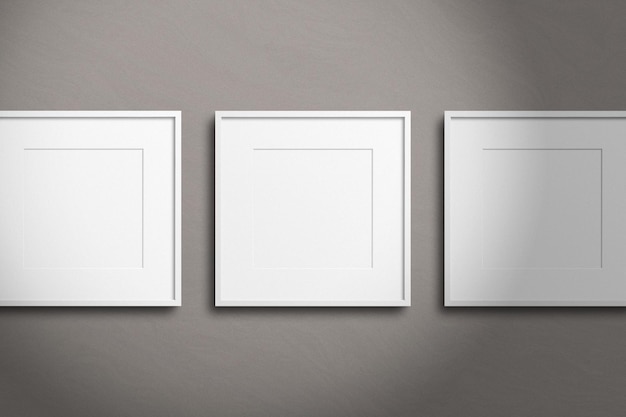 Photo four frames on a gray wall with one showing the other with a white frame