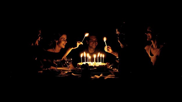 Photo four friends are celebrating a birthday in a dark room they are all smiling and laughing and they are all holding sparklers