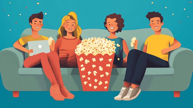 Photo four friends are sitting on a couch enjoying a movie with popcorn