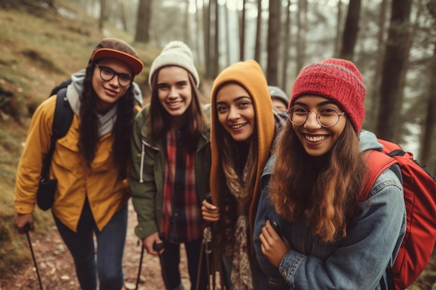 Four friends are standing in a forest, one of them is wearing a hat and the other is wearing a beanie.