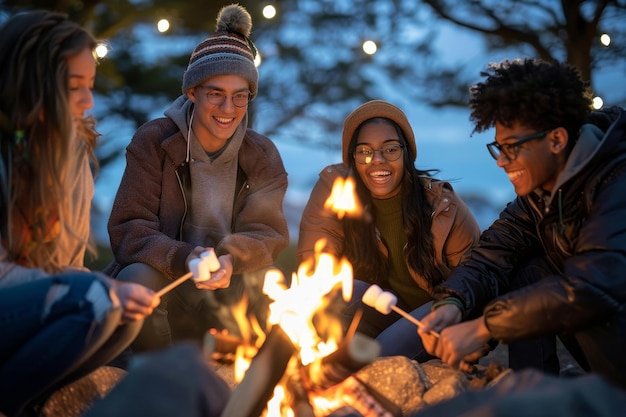 Four friends enjoy a cozy evening around a campfire roasting marshmallows and laughing together A group of friends roasting marshmallows over a campfire