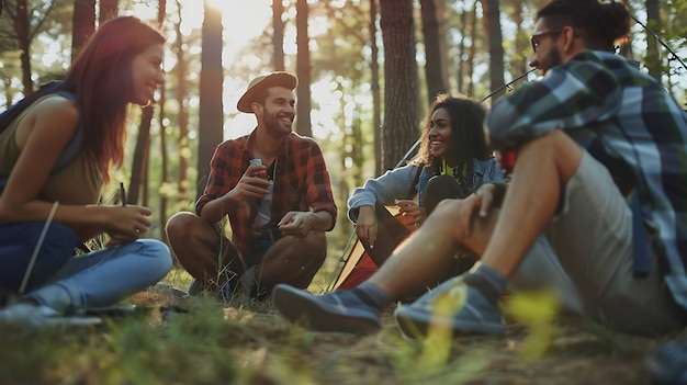 Photo four friends enjoy a sunny day in the forest laughing together while sitting by a tent