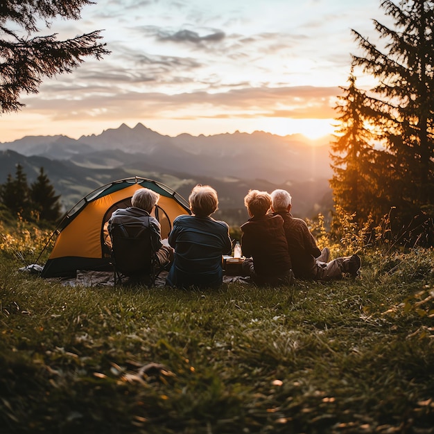 Photo four friends enjoy a sunset view while camping in the mountains