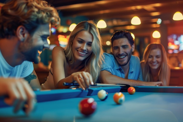 Photo four friends having fun playing billiards