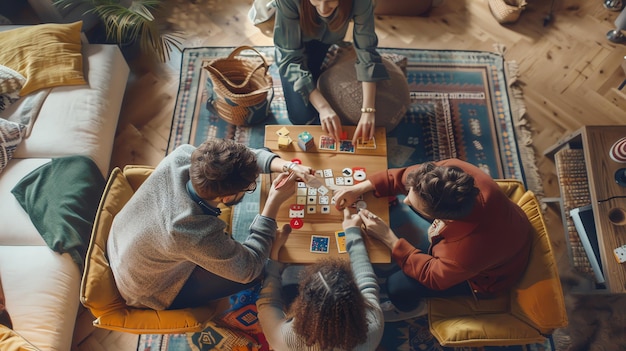 Four friends having fun playing board games in their living room