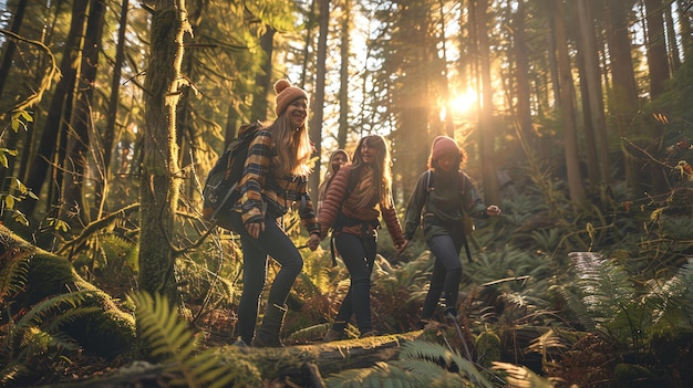 Four friends hike through a lush sundappled forest enjoying a fall adventure together