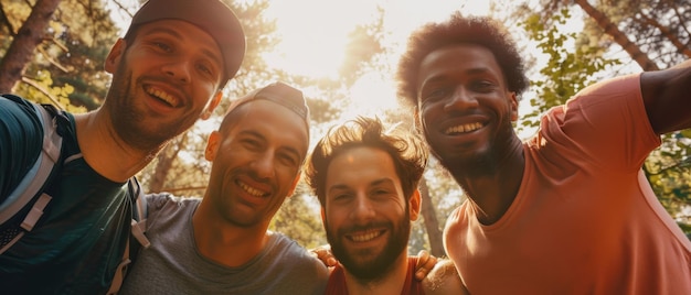 Four friends huddled closely joyfully smiling and laughing in a sunlit forest radiating warmth and camaraderie