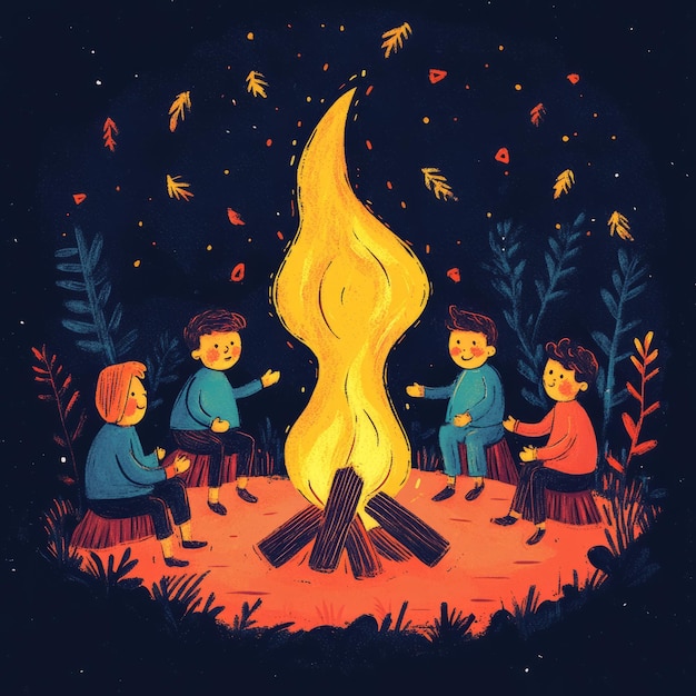 Four friends sit around a campfire in the dark