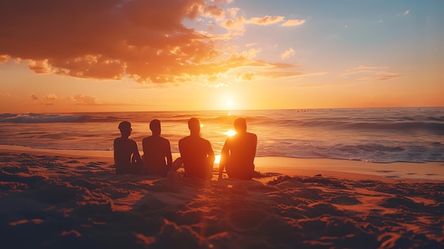 Four friends sit silhouetted on a beach watching the sunset