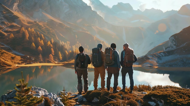 Four friends standing on a hillside overlooking a mountain lake