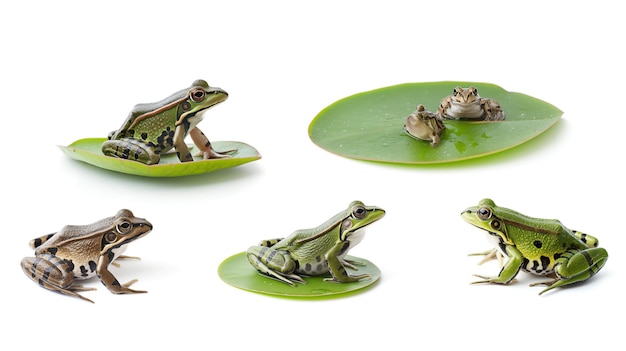 Four frogs positioned on leaves against a white background showcasing different postures