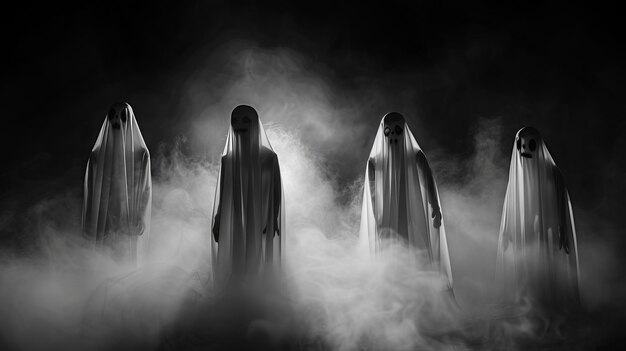 Photo four ghost figures in a smoky dark background halloween ghostly apparition concept for design