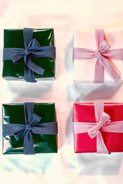 Photo four gift boxes tied with colorful ribbons