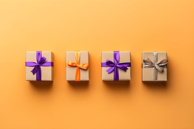 Four gift boxes with purple ribbons on a yellow background.