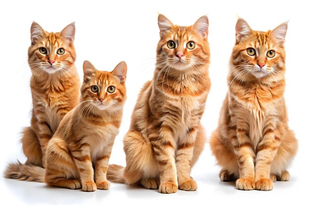 Four Ginger Tabby Cats Sitting Together on White Background