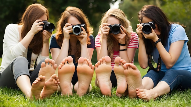 four girls are laying on the grass and one of them has a camera in the middle