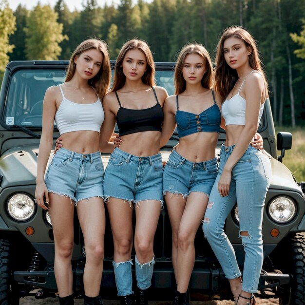 four girls posing in front of a jeep with the hood up