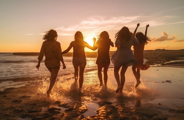 Four girls running on the beach at sunset