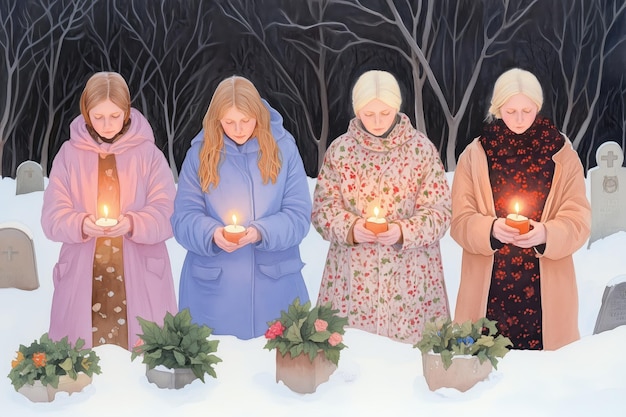 Photo four girls in winter coats stand in a snowy cemetery each holding a lit candle in quiet reflection