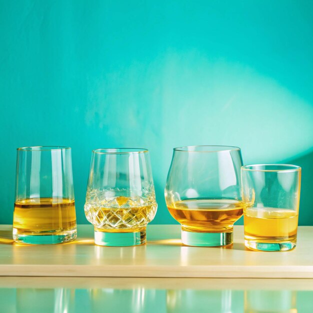 Photo four glasses of alcohol sit on a table with one being filled with different liquid