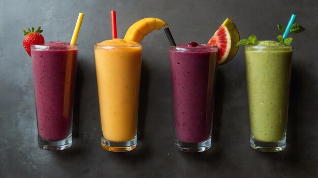 Photo four glasses of different colors of fruit and a purple smoothie