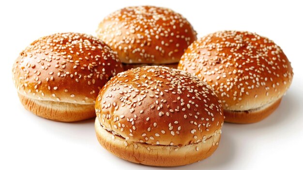 Four hamburger buns with sesame isolated on white background