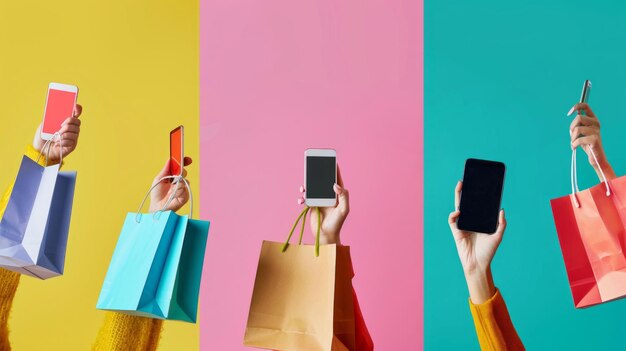 Photo four hands holding smartphones and shopping bags against a colorful background of yellow pink and teal