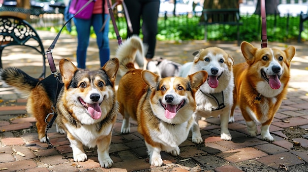 Four Happy Corgis on a Walk