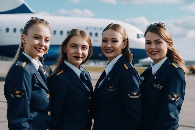 Four happy smiling flight attendant girls in uniform at airport by plane Generative AI