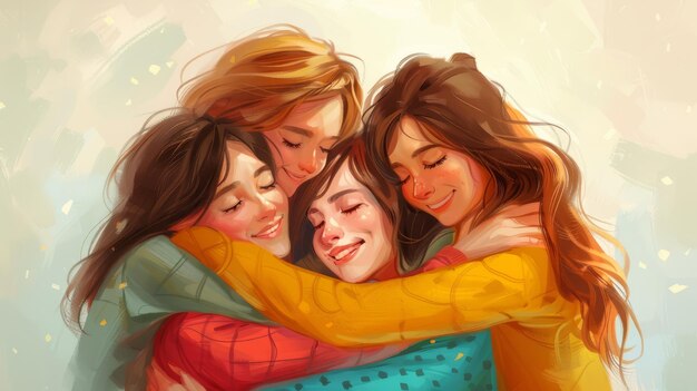 Four happy young women hugging each other cartoon cute