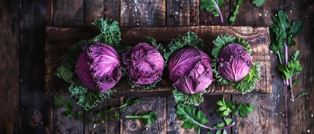 Four heads of purple cabbage on a wooden table