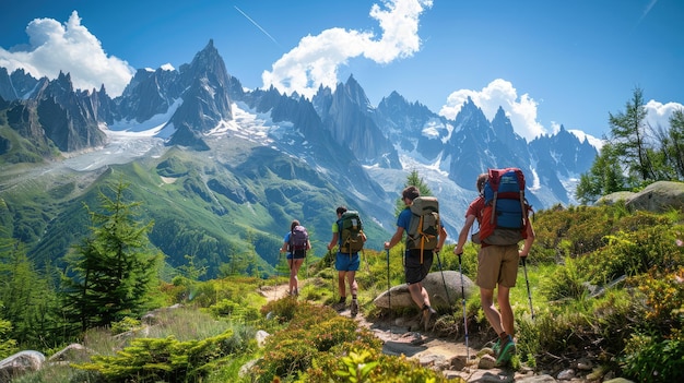 Four hikers wearing backpacks and shorts walk along a mountainous trail with trekking poles