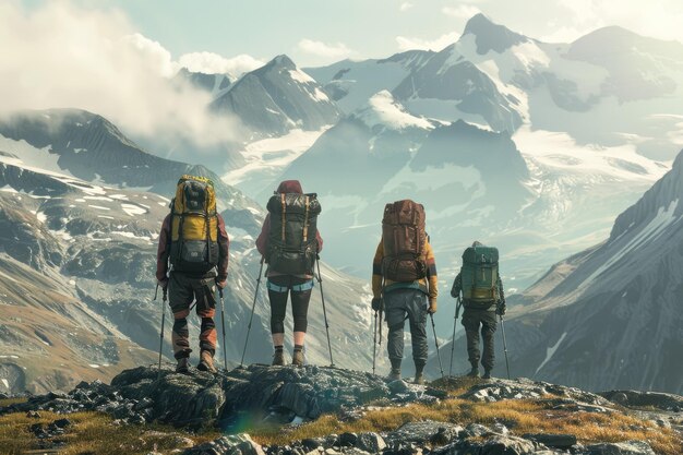 Photo the four hikers with backpacks standing on a mountain