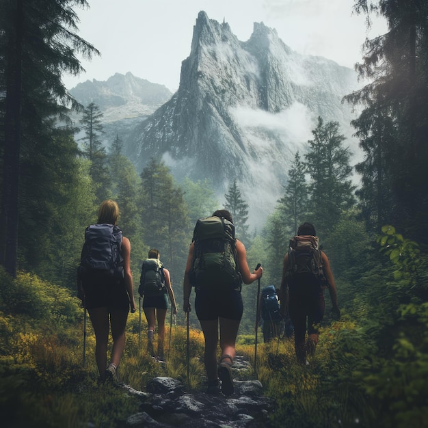 Four hikers with backpacks trek through a lush forest towards a majestic mountain range shrouded in mist