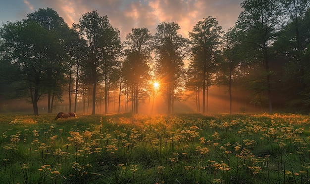 four horses are standing in a field with the sun shining through the trees