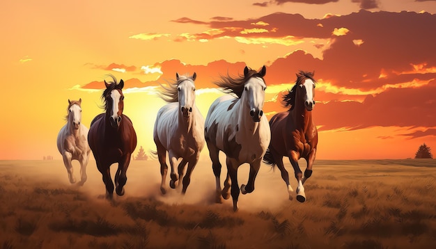 Four horses running in a field with a beautiful sunset in the background