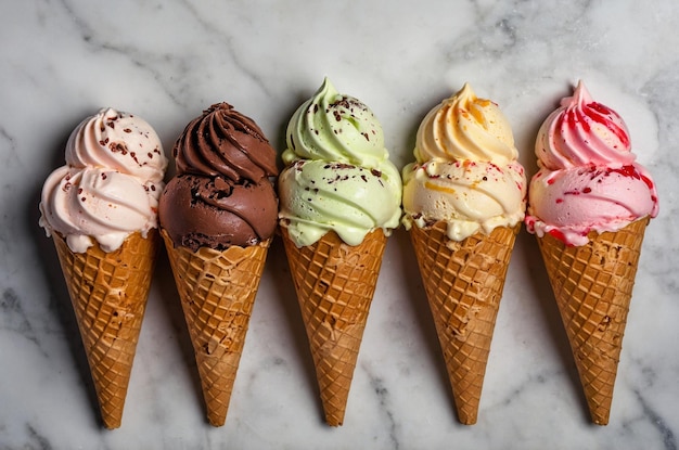 four ice cream cones are lined up in a row one of which has the word quot chocolate quot on it