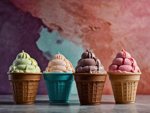 Photo four ice cream cones are lined up in a row